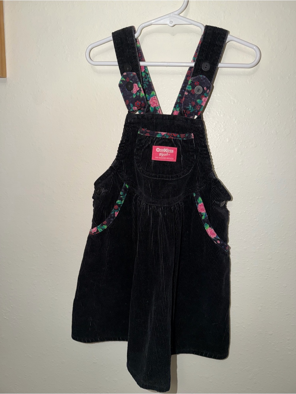 Oshkosh vintage overall dress black and floral pink corduroy 5T